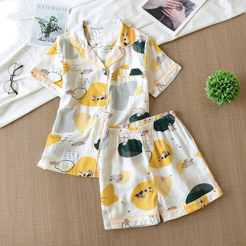 Cute cartoon print cotton short pajamas set - FabFemina