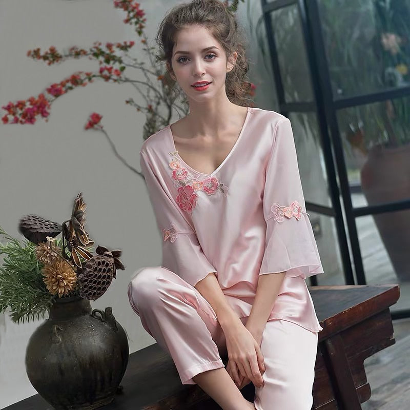 Pajamas women Female pantsuit women Ice Silk Suit Long Sleeve silk pajamas Thin Bud Silk Sleeping Home Suit sleepwear - FabFemina