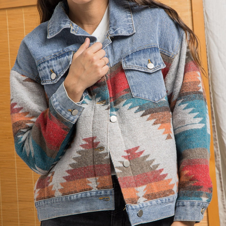 Retro Denim Jacket 2022 New Long Sleeved Lapel Loose Denim Stitching Woolen Jacket Female AZTEC Vintage Denim Stitching Coat - FabFemina