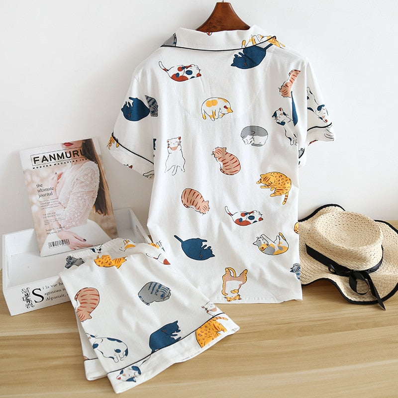 Cute cartoon print cotton short pajamas set - FabFemina