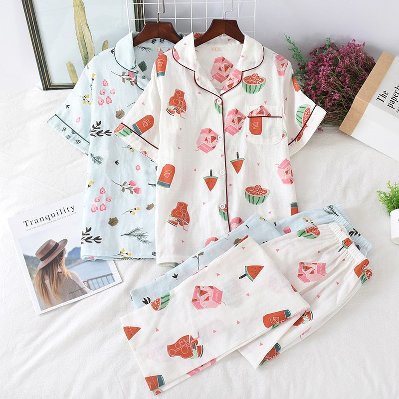 Cute simple 100% cotton gauze short pajamas set - FabFemina