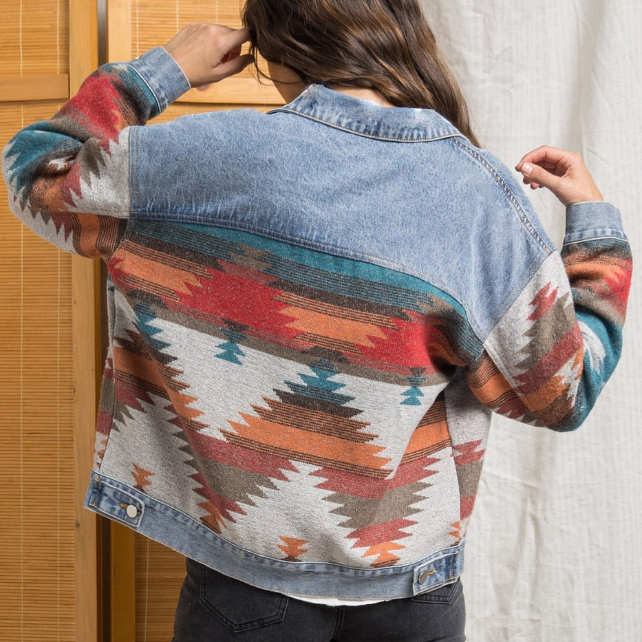 Retro Denim Jacket 2022 New Long Sleeved Lapel Loose Denim Stitching Woolen Jacket Female AZTEC Vintage Denim Stitching Coat - FabFemina