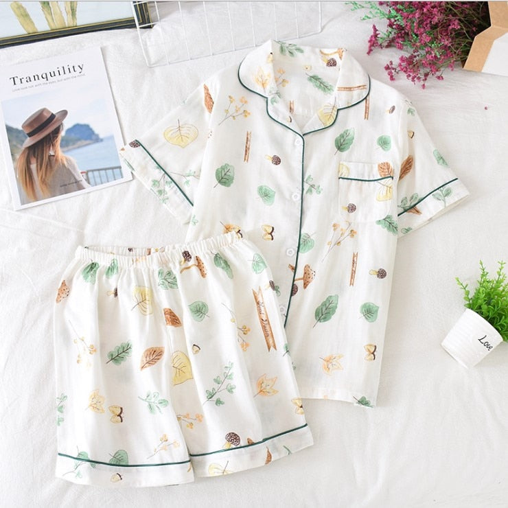 Cute cartoon print cotton short pajamas set - FabFemina