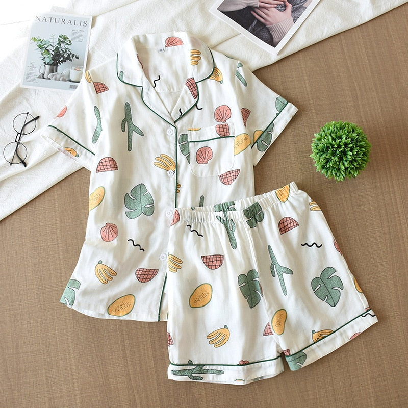 Cute cartoon print cotton short pajamas set - FabFemina