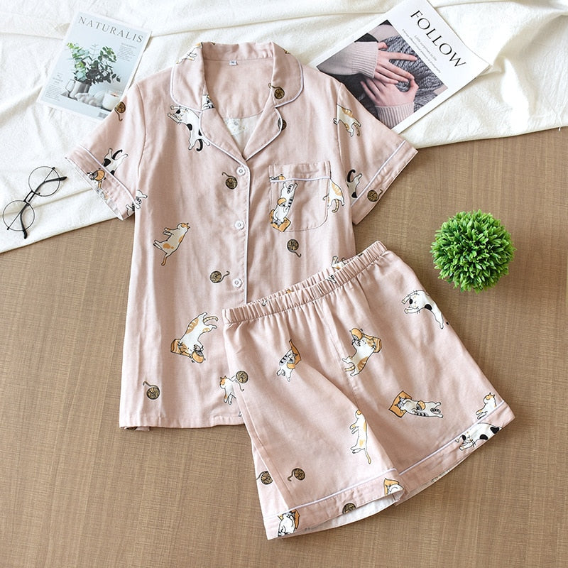 Cute cartoon print cotton short pajamas set - FabFemina