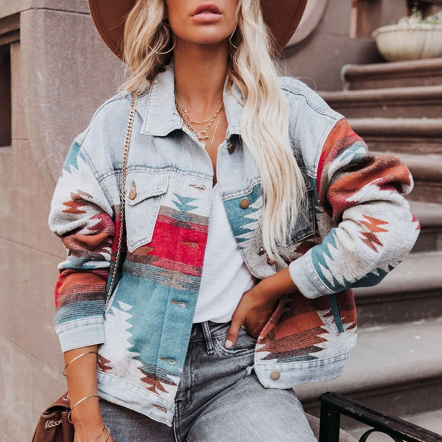 Retro Denim Jacket 2022 New Long Sleeved Lapel Loose Denim Stitching Woolen Jacket Female AZTEC Vintage Denim Stitching Coat - FabFemina