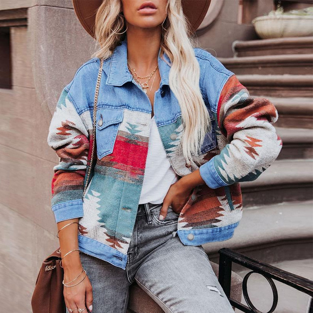 Retro Denim Jacket 2022 New Long Sleeved Lapel Loose Denim Stitching Woolen Jacket Female AZTEC Vintage Denim Stitching Coat - FabFemina