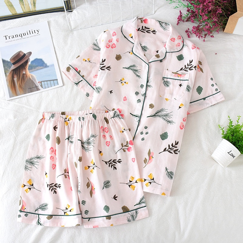 Cute cartoon print cotton short pajamas set - FabFemina