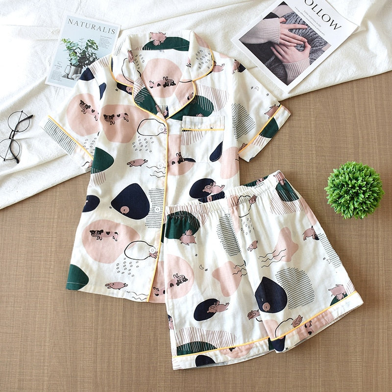 Cute cartoon print cotton short pajamas set - FabFemina