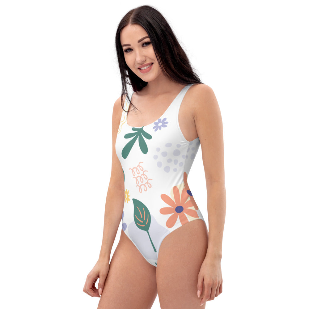 Floral Leaf Print One-Piece Swimsuit - FabFemina