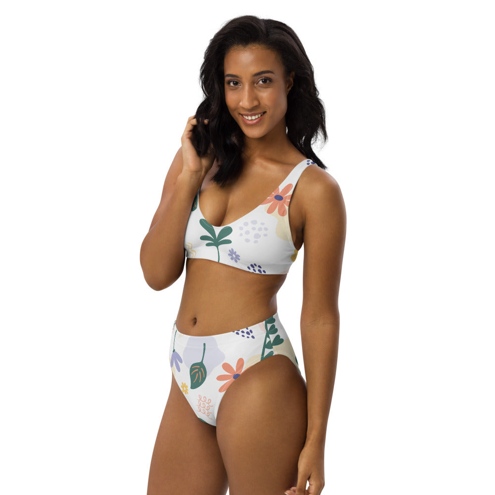 Floral Leaf Print Recycled high-waisted bikini - FabFemina