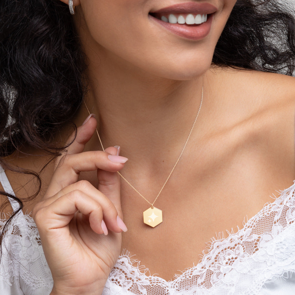 Engraved Silver Hexagon Necklace - FabFemina