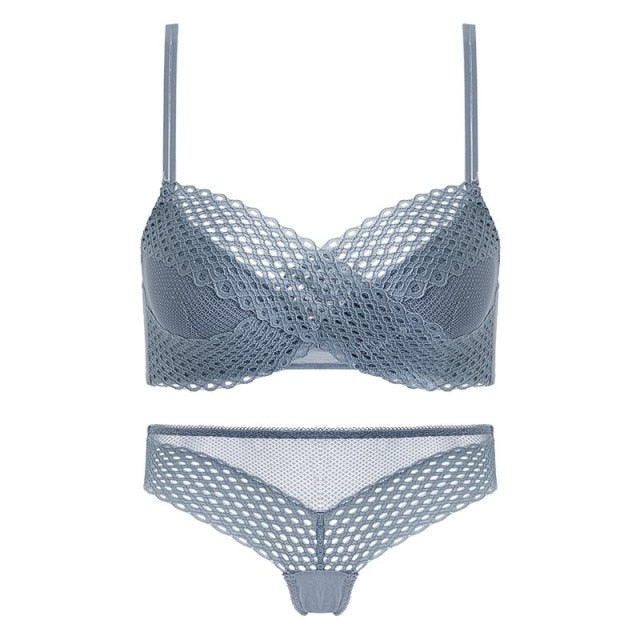 Fashion Women Sexy Hollow Striped Lace Seamless Push Up Bra Set - FabFemina