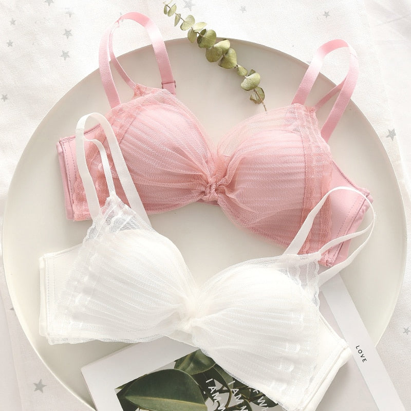 Seamless Chiffon Push Up Lace Mesh Breathable Bra Panties Set - FabFemina