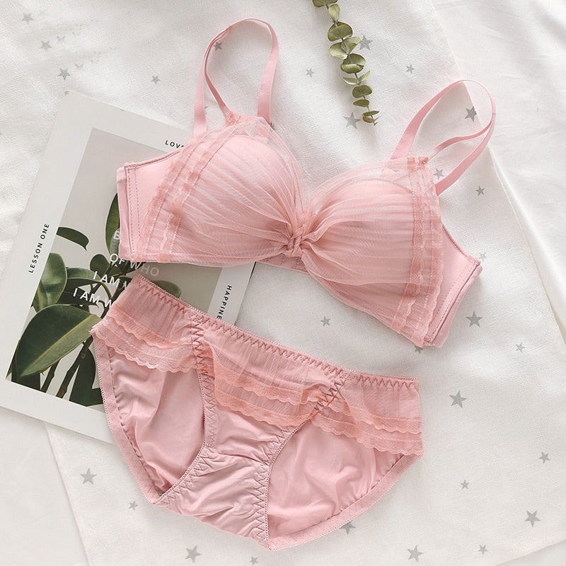 Seamless Chiffon Push Up Lace Mesh Breathable Bra Panties Set - FabFemina