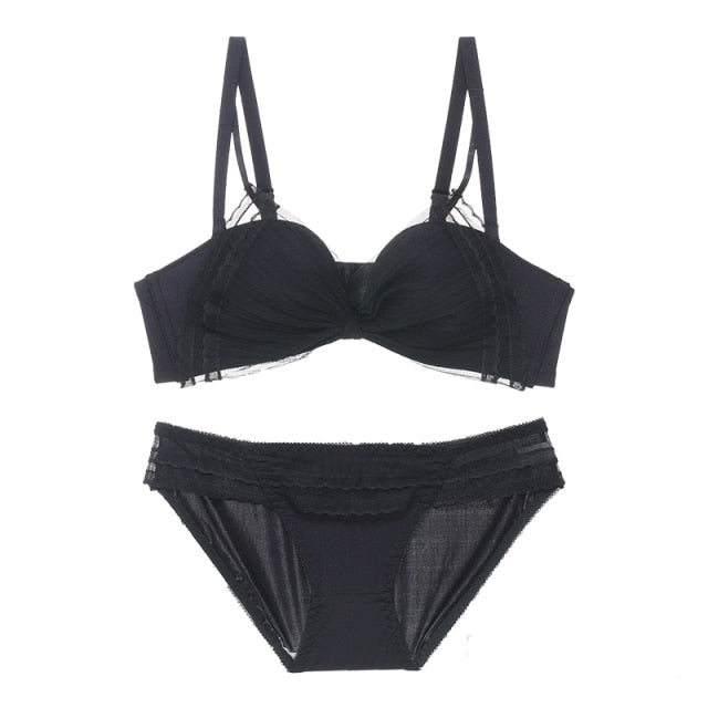 Seamless Chiffon Push Up Lace Mesh Breathable Bra Panties Set - FabFemina