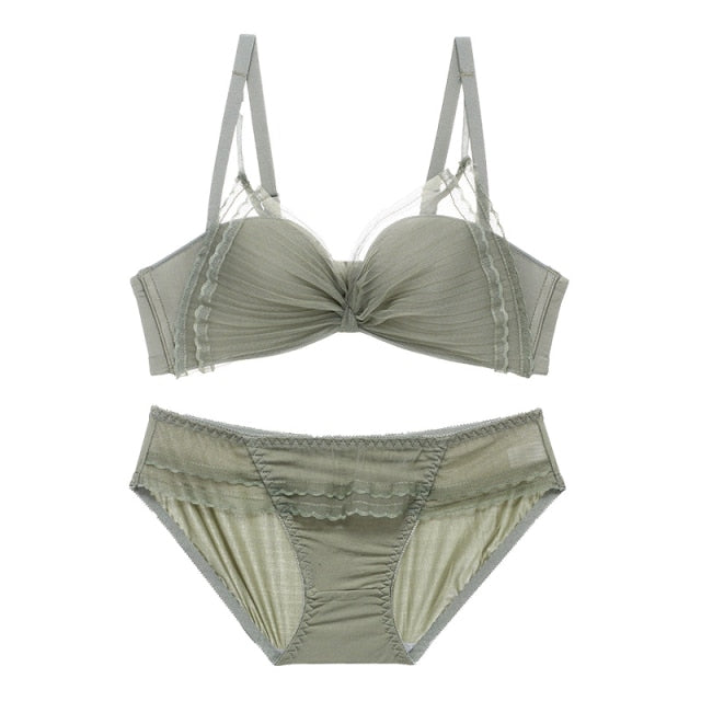 Seamless Chiffon Push Up Lace Mesh Breathable Bra Panties Set - FabFemina