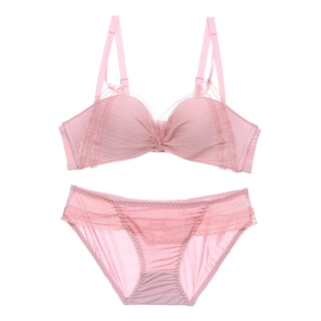 Seamless Chiffon Push Up Lace Mesh Breathable Bra Panties Set - FabFemina