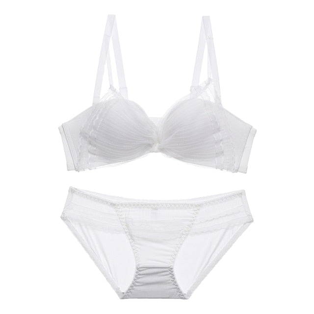 Seamless Chiffon Push Up Lace Mesh Breathable Bra Panties Set - FabFemina