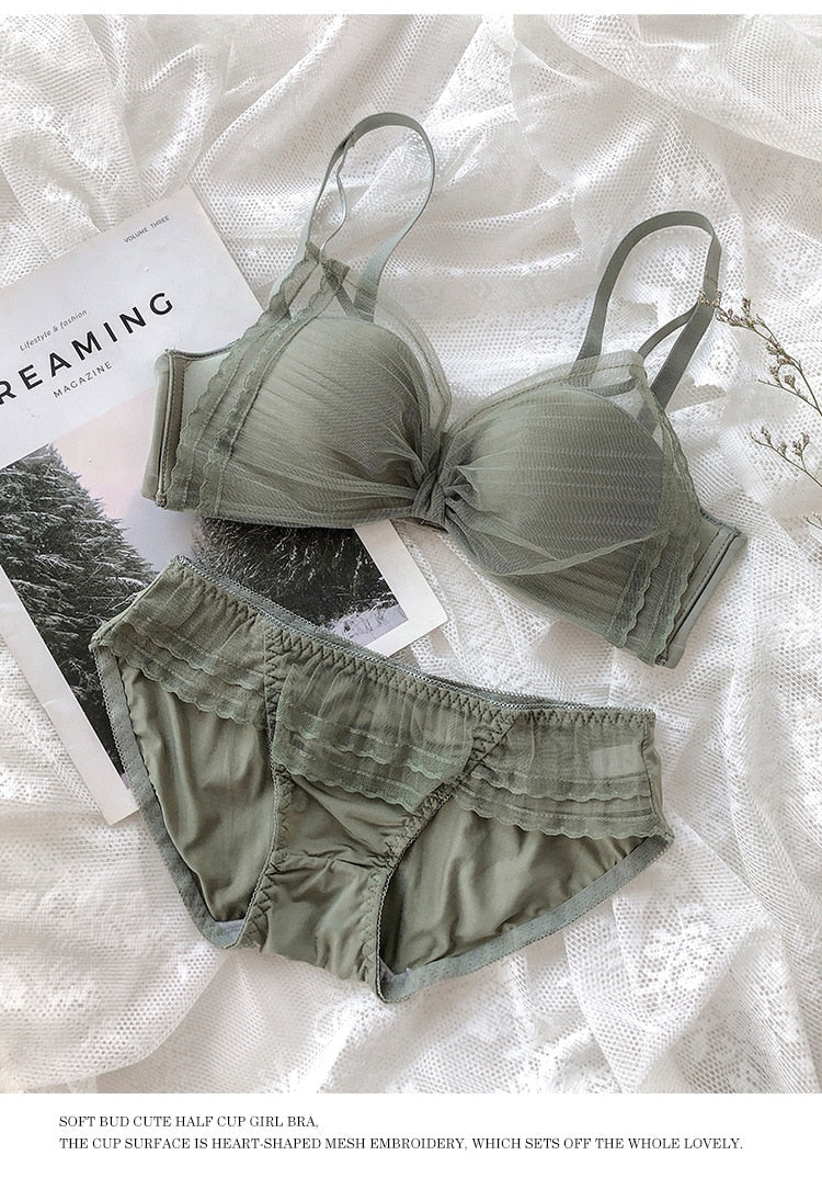 Seamless Chiffon Push Up Lace Mesh Breathable Bra Panties Set - FabFemina