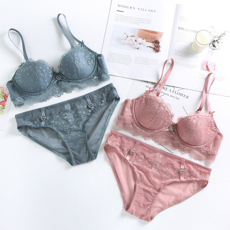 Sexy Eyelash Lace Push Up Bra and Panties Set - FabFemina