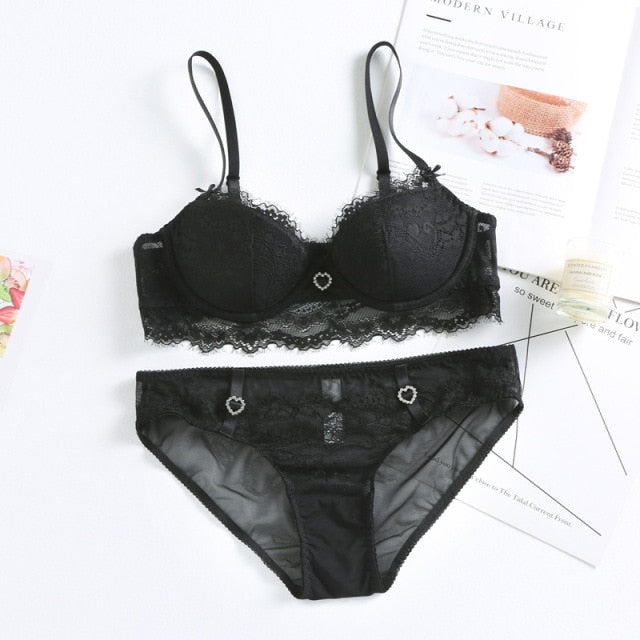Sexy Eyelash Lace Push Up Bra and Panties Set - FabFemina