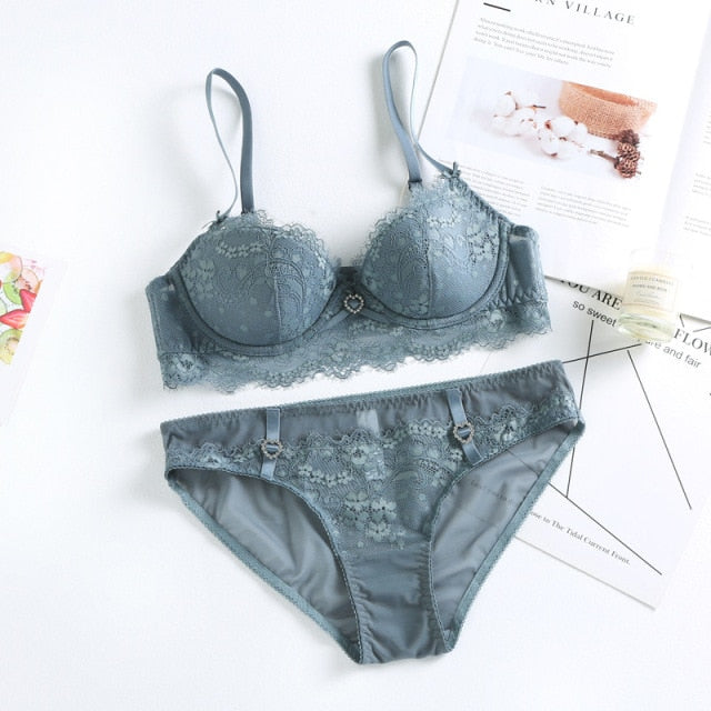 Sexy Eyelash Lace Push Up Bra and Panties Set - FabFemina