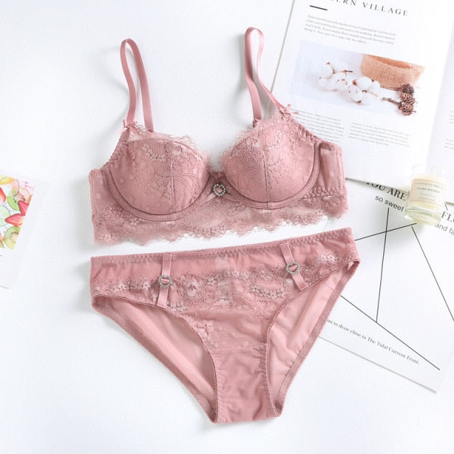 Sexy Eyelash Lace Push Up Bra and Panties Set - FabFemina