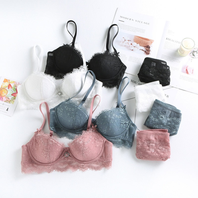 Sexy Eyelash Lace Push Up Bra and Panties Set - FabFemina