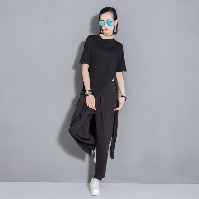 Solid Color Asymmetrical Vent Long Round Neck Short Sleeve T-shirt - FabFemina
