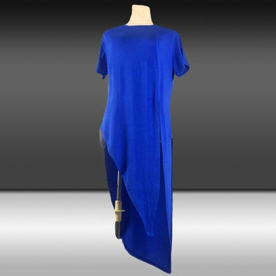 Solid Color Asymmetrical Vent Long Round Neck Short Sleeve T-shirt - FabFemina