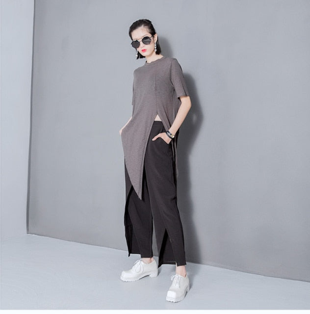 Solid Color Asymmetrical Vent Long Round Neck Short Sleeve T-shirt - FabFemina