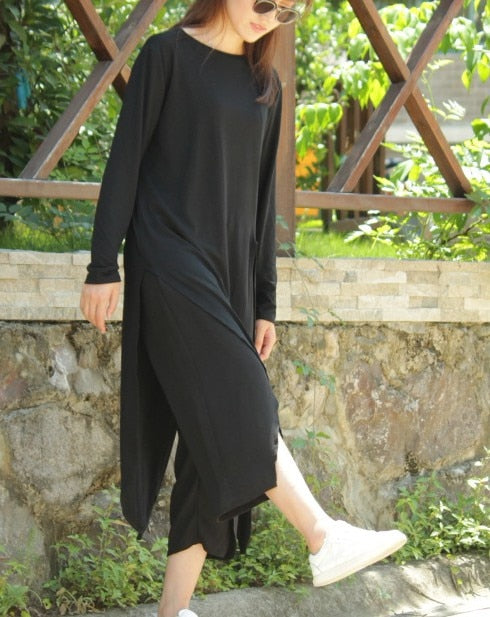 Solid Color Asymmetrical Vent Long Round Neck Short Sleeve T-shirt - FabFemina