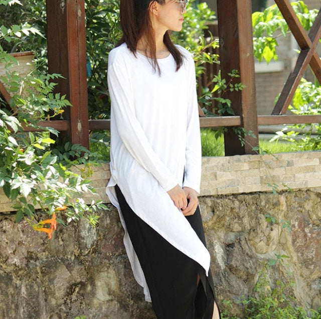 Solid Color Asymmetrical Vent Long Round Neck Short Sleeve T-shirt - FabFemina