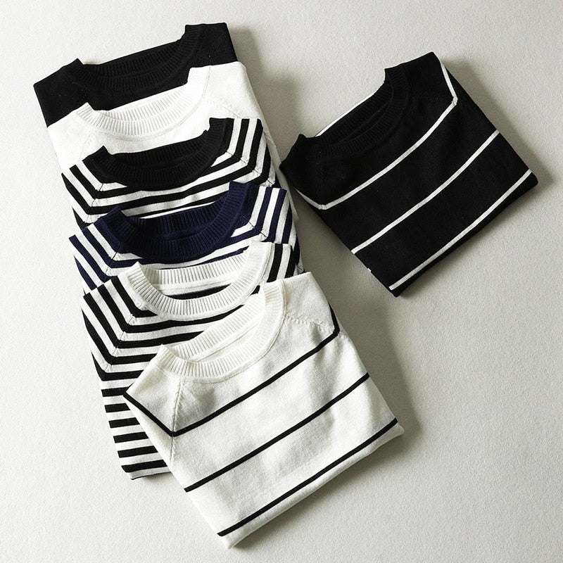 Knitted Striped Cute Short Sleeve T-shirt for Women - FabFemina