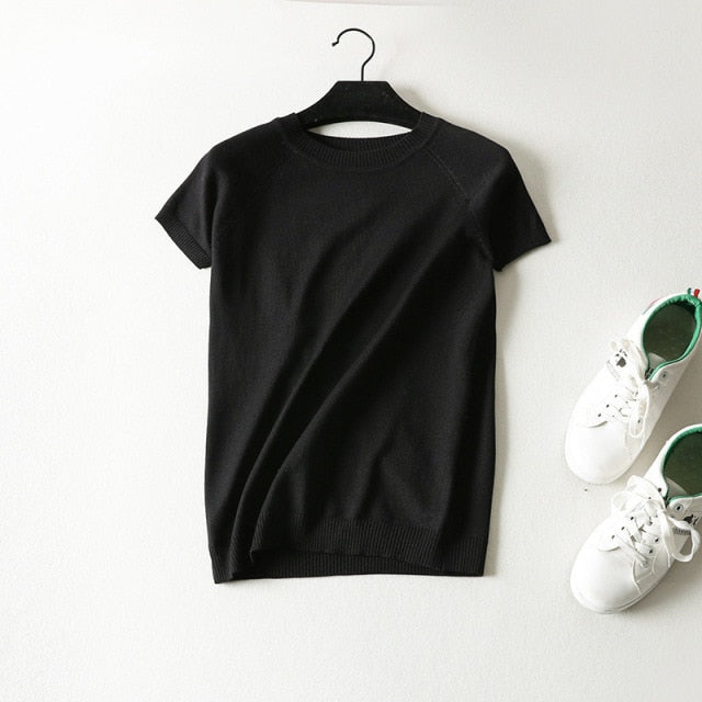 Knitted Striped Cute Short Sleeve T-shirt for Women - FabFemina