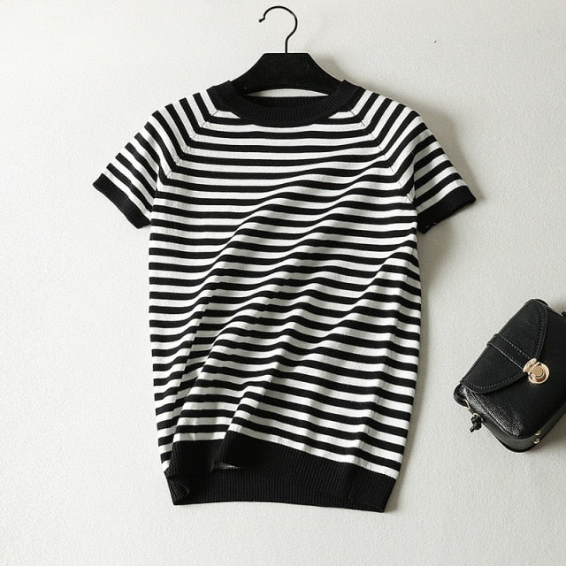 Knitted Striped Cute Short Sleeve T-shirt for Women - FabFemina