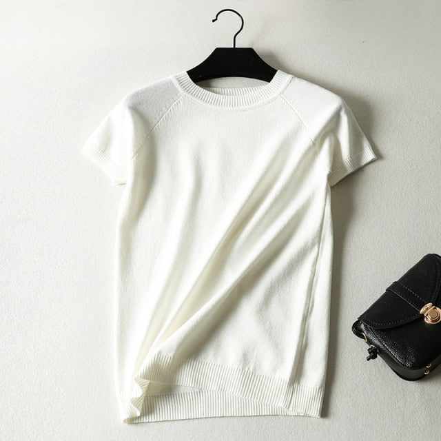 Knitted Striped Cute Short Sleeve T-shirt for Women - FabFemina