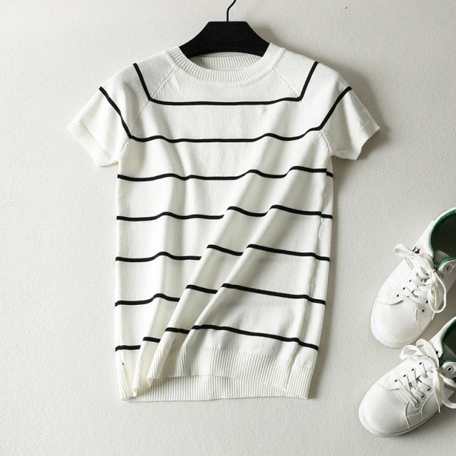 Knitted Striped Cute Short Sleeve T-shirt for Women - FabFemina