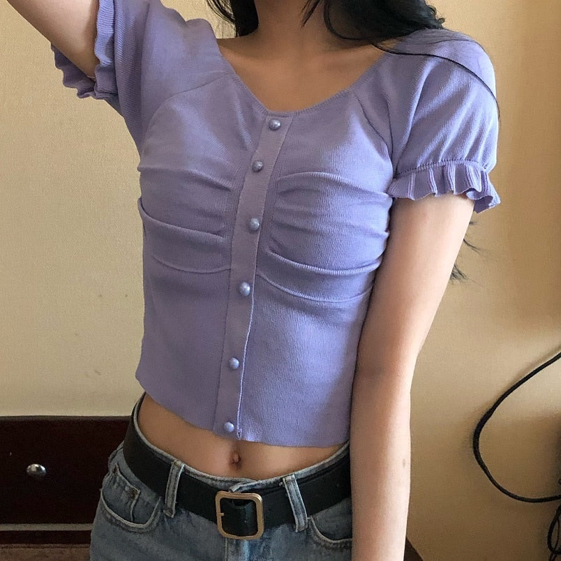 Knitted T Shirt Square Collar Short Sleeve Cropped Tees - FabFemina