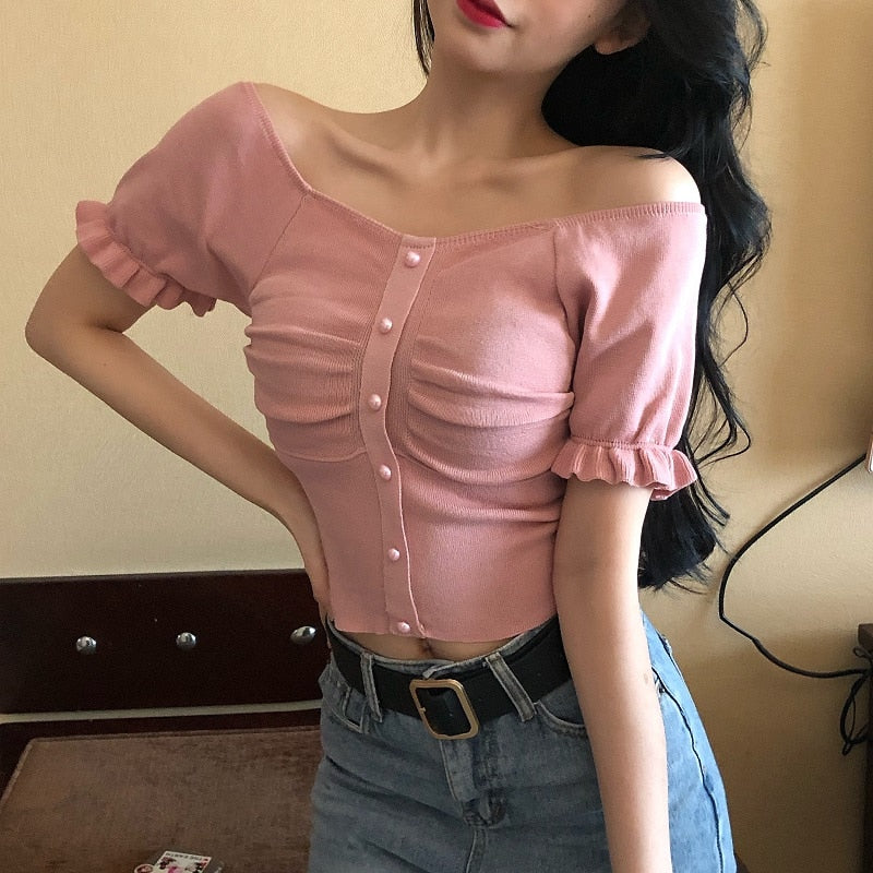 Knitted T Shirt Square Collar Short Sleeve Cropped Tees - FabFemina