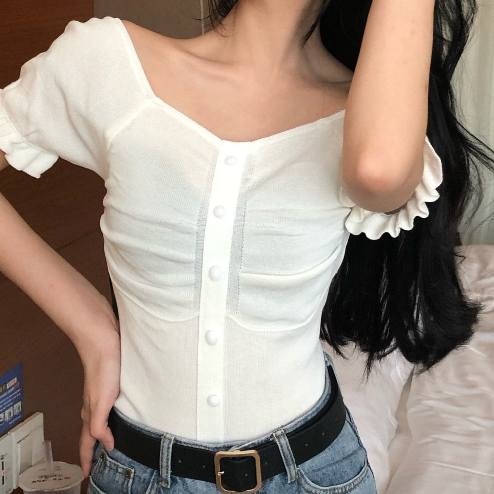 Knitted T Shirt Square Collar Short Sleeve Cropped Tees - FabFemina