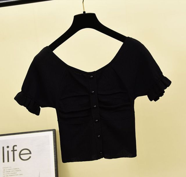 Knitted T Shirt Square Collar Short Sleeve Cropped Tees - FabFemina