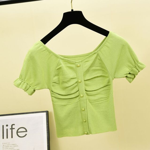 Knitted T Shirt Square Collar Short Sleeve Cropped Tees - FabFemina