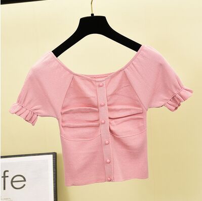 Knitted T Shirt Square Collar Short Sleeve Cropped Tees - FabFemina