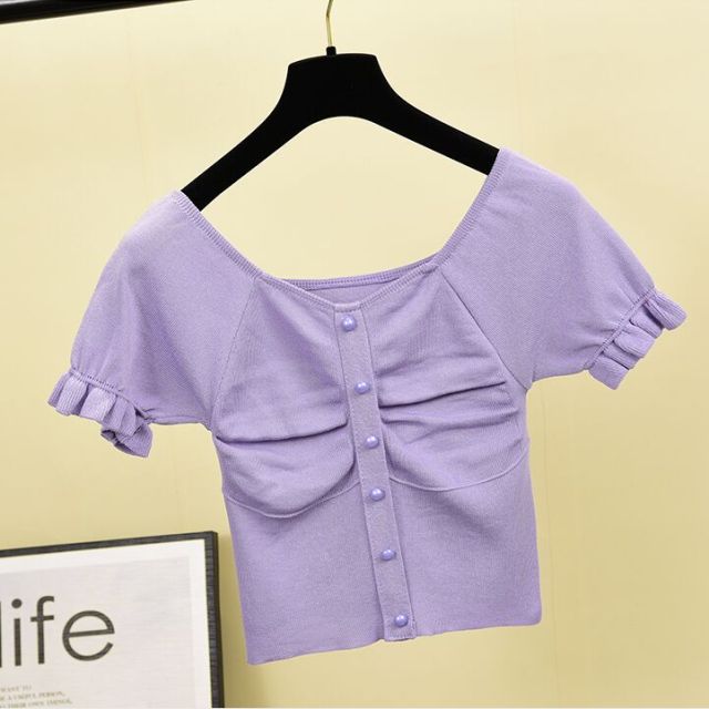 Knitted T Shirt Square Collar Short Sleeve Cropped Tees - FabFemina