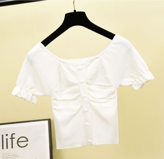 Knitted T Shirt Square Collar Short Sleeve Cropped Tees - FabFemina