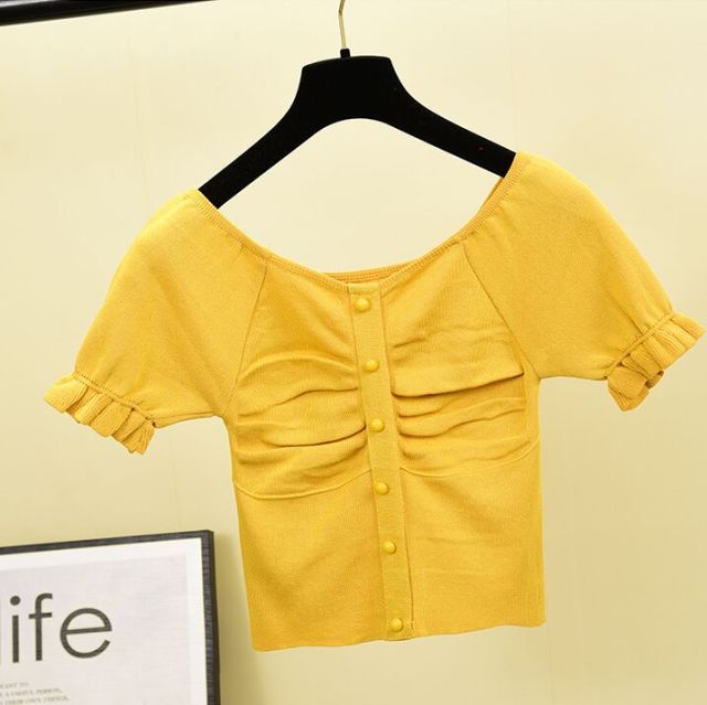 Knitted T Shirt Square Collar Short Sleeve Cropped Tees - FabFemina
