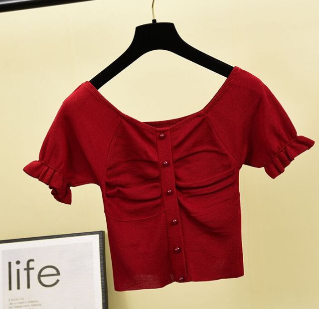 Knitted T Shirt Square Collar Short Sleeve Cropped Tees - FabFemina
