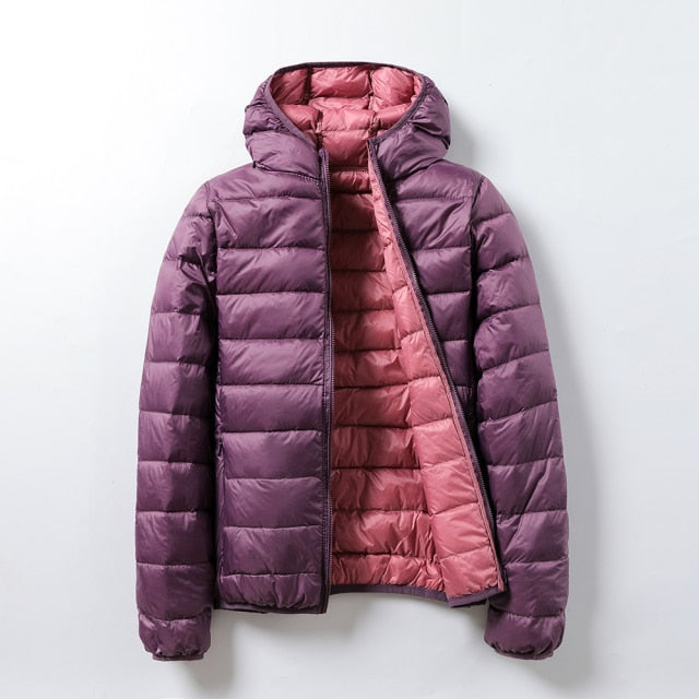 Women's Ultra Light Hooded Two Side Reversible Warm Jacket - FabFemina